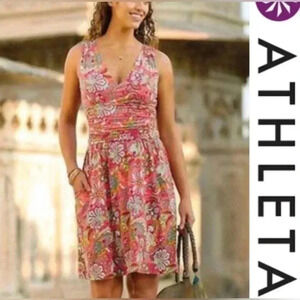 Athleta Jura Paisley Ruched Waist Athliesure Orange Floral Dress Size XXS